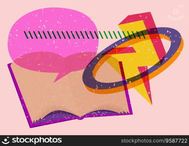 Book with speech bubble and colorful geometric shapes. Educational Object in trendy riso graph design. Geometry elements abstract risograph print texture style.