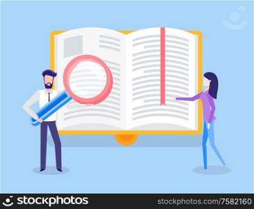 Book with stripes in yellow cover isolated on blue, man holding loupe, woman turning page. Literary and knowledge, magnifier and bookmark in flat vector. Man with Loupe and Woman near Page of Book Vector