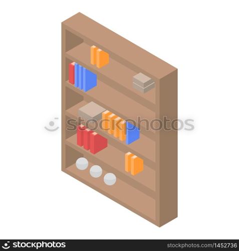 Book wood shelf icon. Isometric of book wood shelf vector icon for web design isolated on white background. Book wood shelf icon, isometric style