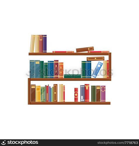 Bookcase, bookshelf with books, library shelves isolated icon. Vector piles of standing dictionaries, encyclopedias and retro literature. Library shelves, wooden bookshelves in bookstore or bookshop. Bookshelf, books bookcase with textbooks isolated