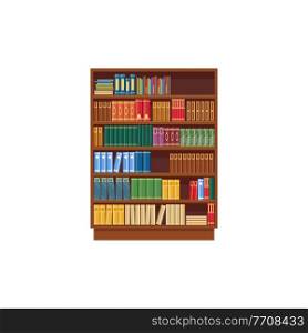 Bookcase vector icon, cartoon library shelf with books, wooden storage with colorful textbooks, literature bookstore isolated on white background. Science, education sign. Bookcase vector icon, library shelf with books