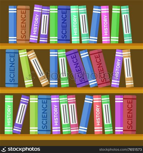 Bookcase with books as background vector, education-themed backdrop. Cartoon library room, online university or school library. Textbooks volumes on shelves, big knowledge storage illustration. Online Education, Bookcase or Book Shelf Backdrop