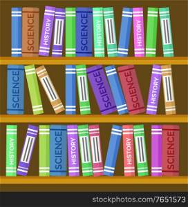 Bookcase with books as background vector, education-themed backdrop. Cartoon library room, online university or school library. Textbooks volumes on shelves, big knowledge storage illustration. Online Education, Bookcase or Book Shelf Backdrop