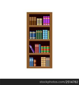 Bookcase with books isolated on white background. Brown wooden bookcases in flat style. Vector stock