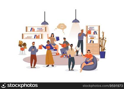 Bookcrossing concept with character scene for web. Women and men reading, sharing and borrowing books at literature club. People situation in flat design. Vector illustration for marketing material.