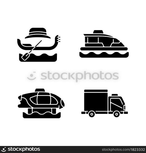 Booked taxi service black glyph icons set on white space. Venetian rowing boat. Water bus. Electric marine transport. Cargo van. Commercial vehicle. Silhouette symbols. Vector isolated illustration. Booked taxi service black glyph icons set on white space