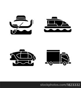 Booked taxi service black glyph icons set on white space. Venetian rowing boat. Water bus. Electric marine transport. Cargo van. Commercial vehicle. Silhouette symbols. Vector isolated illustration. Booked taxi service black glyph icons set on white space