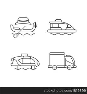 Booked taxi service linear icons set. Venetian rowing boat. Water bus. Electric transport. Cargo van. Customizable thin line contour symbols. Isolated vector outline illustrations. Editable stroke. Booked taxi service linear icons set