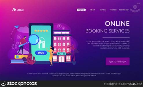 Booking accommodation mobile application. Website for ordering guestrooms, finding hostels location. Hotel room reservation concept. Website homepage landing web page template.. Booking hotel concept landing page