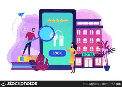 Booking accommodation mobile application. Website for ordering guestrooms, finding hostels location. Hotel room reservation concept. Bright vibrant violet vector isolated illustration. Booking hotel concept vector illustration