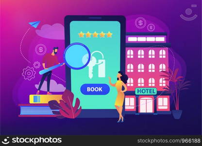 Booking accommodation mobile application. Website for ordering guestrooms, finding hostels location. Hotel room reservation concept. Bright vibrant violet vector isolated illustration. Booking hotel concept vector illustration