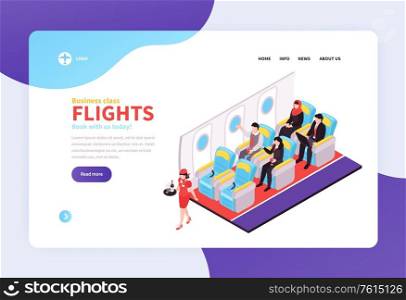 Booking air tickets isometric landing page with offering business class flights and place for airline logo vector illustration
