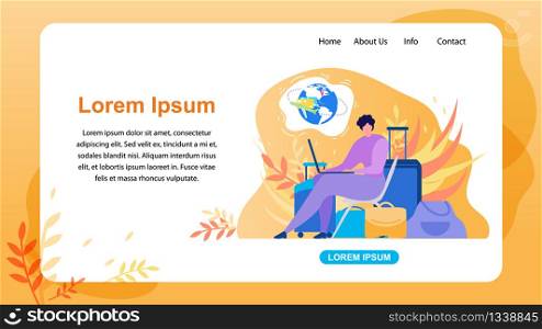 Booking Airline Tickets Online Service Flat Vector Horizontal Web Banner, Landing Page Template. Traveling with Baggage Woman Using Laptop, Searching Flights in Internet, Planning Journey Illustration