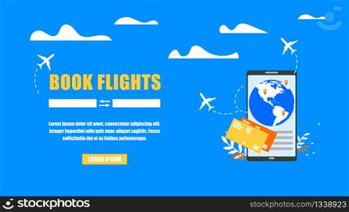 Booking Airline Tickets Online Startup Flat Vector Horizontal Web Banner Template with Flights Routes Searching Form. Airline Company, Travel Agency Internet Service, Mobile Application Landing Page
