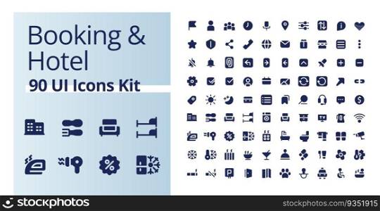 Booking and hotel black glyph ui icons kit. Accommodation for tourists. Silhouette symbols on white space. Solid pictograms for web, mobile. Isolated vector illustrations. Poppins font used
. Booking and hotel black glyph ui icons kit