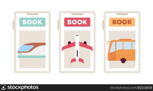Booking bus, train, plane tickets app flat concept vector spot illustration set. Editable 2D cartoon objects on white for web UI design. Reservation creative hero image pack. Jost Extrabold font used. Booking bus, train, plane tickets app flat concept vector spot illustration set