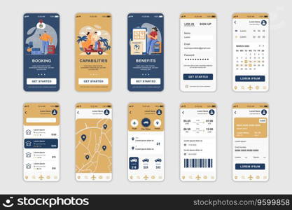 Booking concept screens set for mobile app template. People order taxi, buy plane tickets and tourist trips online. UI, UX, GUI user interface kit for smartphone application layouts. Vector design