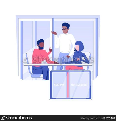 Booking conference room isolated concept vector illustration. Usage of booking conference room software with tablet, group of employees working, corporate business, office life vector concept.. Booking conference room isolated concept vector illustration.