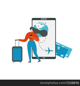 Booking Flight Tickets with Cellphone Flat Vector Concept Isolated on White Background. Traveling Woman Searching Flight Schedule , Planing Travel with Mobile Application on Cellphone Illustration