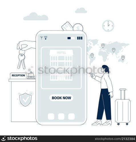 Booking hotel online. Digital booked experiences, technology lifestyle vacations. Travel and tourism, choose rent on mobile app, recent vector concept. Illustration of online internet reservation. Booking hotel online. Digital booked experiences, technology lifestyle vacations. Travel and tourism, choose rent on mobile app, recent vector concept