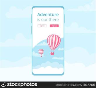 Booking mobile application hot air balloon vector illustration. Mobile phone screen with application ui template for online travel booking with red hot air balloon on blue mountain landscape.. Booking mobile application hot air balloon graphic