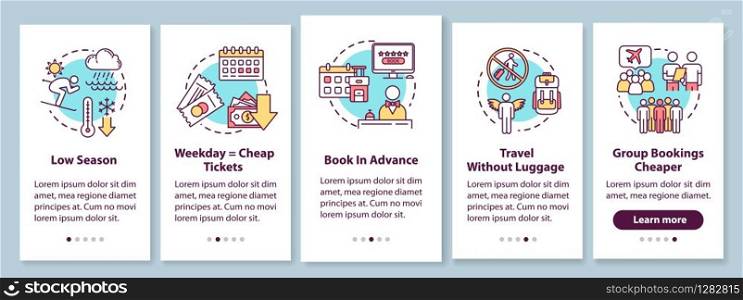 Booking onboarding mobile app page screen with concepts. Travel without luggage. Low season. Budget traveling walkthrough five steps graphic instructions. UI vector template, RGB color illustrations