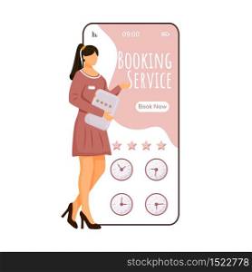 Booking service cartoon smartphone vector app screen. Mobile phone display with flat manager character design mockup. Room reservation. Hotel rating application telephone interface