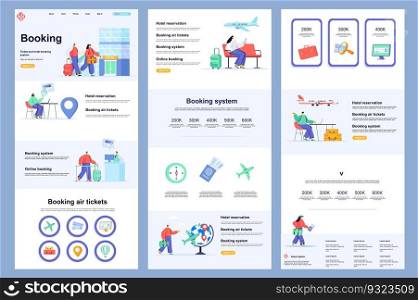 Booking service flat landing page. Online air tickets booking, tour agency corporate website design. Web banner template with header, middle content, footer. Vector illustration with people characters