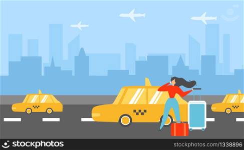 Booking Taxi for Transfer Baggage to Airport Flat Vector Concept with Traveling with Road Bags Woman Calling Taxi, Ordering Transporting Services, Arriving Tourist Booking Hotel Room Illustration