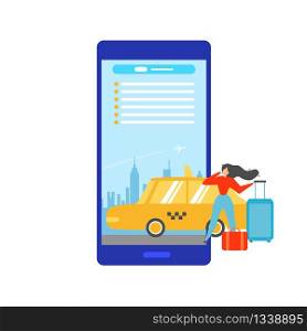 Booking Taxi Online with Mobile Application Flat Vector Concept Isolated on White Background. Traveling with Baggage Female Tourist Calling Taxi with Cellphone While Arriving to Airport Illustration