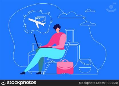 Booking Tickets Online Flat Vector Concept with Traveling Woman Using Laptop, Searching Flight Timetable in Internet, Buying Airline Pass, Planning Vacation Journey Illustration on Blue Background