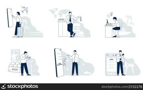 Booking travel. Mobile international agency, travelling office. Flat tourism, car sharing and plane tickets buy. Reservation online recent vector scenes on white. Booking travel. Mobile international agency, travelling office. Flat tourism, car sharing and plane tickets buy. Reservation online recent vector scenes