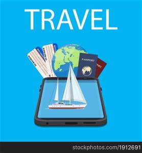Booking travel through your mobile device. The boat drifting on the phone screen. Suitable For Wallpaper, Banner, Background. Vector illustration in flat style. Booking travel through your mobile device.