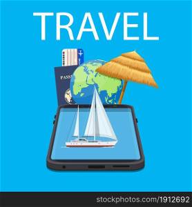 Booking travel through your mobile device. The boat drifting on the phone screen. Suitable For Wallpaper, Banner, Background. Vector illustration in flat style. Booking travel through your mobile device.