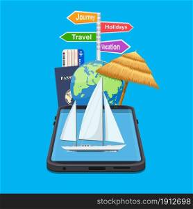 Booking travel through your mobile device. The boat drifting on the phone screen. Suitable For Wallpaper, Banner. signpost vacation, travel, journey, holidays. Vector illustration in flat style. Booking travel through your mobile device.