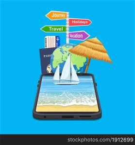Booking travel through your mobile device. The boat drifting on the phone screen. Suitable For Wallpaper, Banner. signpost vacation, travel, journey, holidays. Vector illustration in flat style. Booking travel through your mobile device.