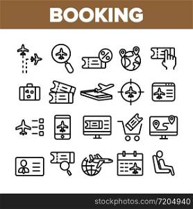 Booking Trip Collection Elements Icons Set Vector Thin Line. Airplane Direction And Ticket, Suitcase And Badge Booking Details Concept Linear Pictograms. Monochrome Contour Illustrations. Booking Trip Collection Elements Icons Set Vector