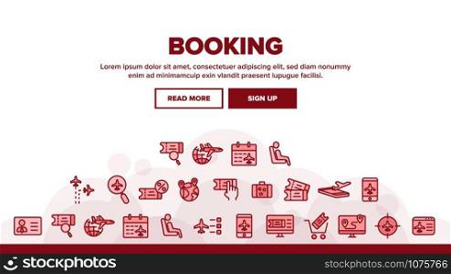 Booking Trip Landing Web Page Header Banner Template Vector. Airplane Direction And Ticket, Suitcase And Badge Booking Details Illustration. Booking Trip Landing Header Vector