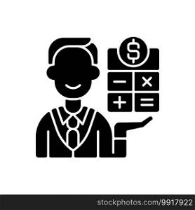 Bookkeeper black glyph icon. Responsible person for recording and maintaining all business and company financial transactions. Silhouette symbol on white space. Vector isolated illustration. Bookkeeper black glyph icon