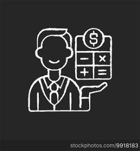 Bookkeeper chalk white icon on black background. Responsible person for recording and maintaining all business and company financial transactions. Isolated vector chalkboard illustration. Bookkeeper chalk white icon on black background
