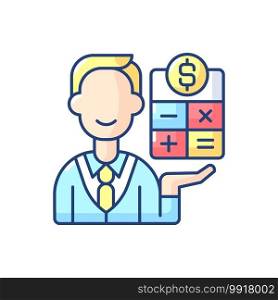 Bookkeeper RGB color icon. Responsible person for recording and maintaining all business and company financial transactions. Isolated vector illustration. Bookkeeper RGB color icon