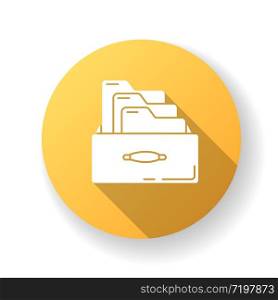 Bookkeeping card system yellow flat design long shadow glyph icon. Paper documents systematization, data folders. Paperwork, accounting documentation archive. Silhouette RGB color illustration