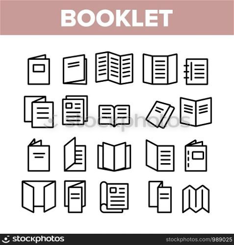 Booklet And Brochure Collection Icons Set Vector Thin Line. Booklet And Letterhead, Flyer And Leaflet, Corporate Catalogue And Envelope Concept Linear Pictograms. Monochrome Contour Illustrations. Booklet And Brochure Collection Icons Set Vector