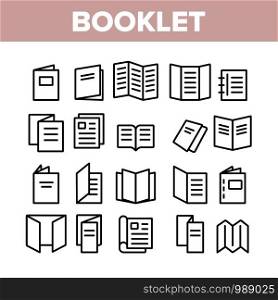 Booklet And Brochure Collection Icons Set Vector Thin Line. Booklet And Letterhead, Flyer And Leaflet, Corporate Catalogue And Envelope Concept Linear Pictograms. Monochrome Contour Illustrations. Booklet And Brochure Collection Icons Set Vector