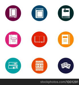 Booklet icons set. Flat set of 9 booklet vector icons for web isolated on white background. Booklet icons set, flat style