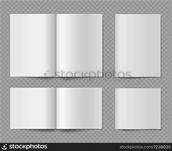 Booklet mockup. Open and closed horizontal empty paper brochure, journal or fold catalog, magazine or book for presentation design, realistic vector set isolated on transparent background. Booklet mockup. Open and closed horizontal empty paper brochure, journal or fold catalog for presentation design, realistic vector set
