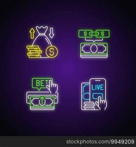 Bookmaking neon light icons set. Over and under bet. Parlay. Making deposit. Live betting. Predicting wager. Game totals. Signs with outer glowing effect. Vector isolated RGB color illustrations. Bookmaking neon light icons set