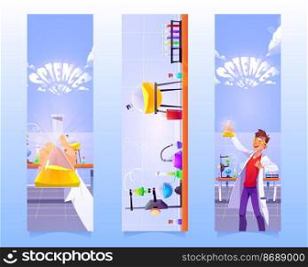 Bookmarks with man with flask in chemical laboratory. Vector vertical banners of education presentation of scientific research. Cartoon illustration of science lab for study and chemistry experiments. Banners with man with flask in chemical laboratory