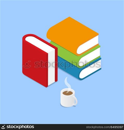 Books and a cup of coffee on a blue background. . Books and a cup of coffee on a blue background. Isometric vector illustration.