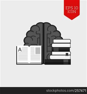 Books and brain icon. Education concept. Flat design gray color symbol. Modern UI web navigation, sign. Illustration element